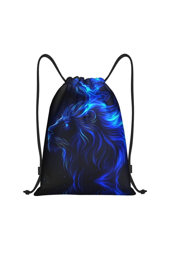 Drawstring Backpack - Black Lion with Blue Flames Splash Proof Small Drawstring Gym Bag for Women Men, Cinch Sports String Bag Backpack for Travel Swimming Beach