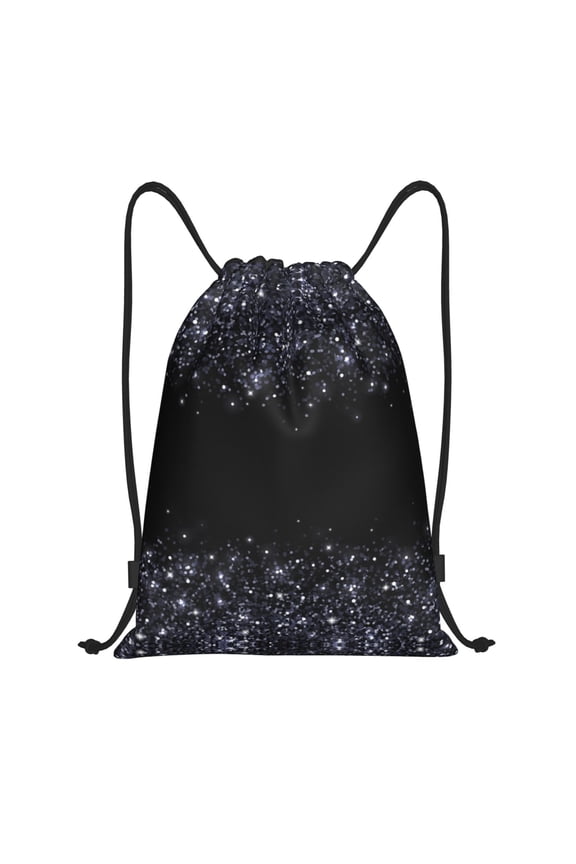 Drawstring Backpack - Black Silver Glitter Border Splash Proof Small Drawstring Gym Bag for Women Men, Cinch Sports String Bag Backpack for Travel Swimming Beach