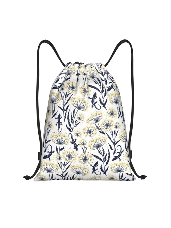 Drawstring Backpack - Black White Gecko Lizard Flower Splash Proof Small Drawstring Gym Bag for Women Men, Cinch Sports String Bag Backpack for Travel Swimming Beach
