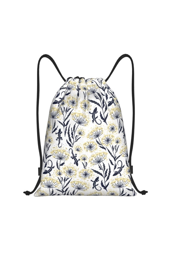 Drawstring Backpack - Black White Gecko Lizard Flower Splash Proof Small Drawstring Gym Bag for Women Men, Cinch Sports String Bag Backpack for Travel Swimming Beach