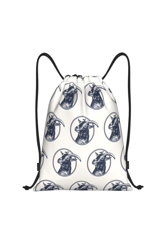 Drawstring Backpack - Black White Hand Drawn Goat Head Splash Proof Small Drawstring Gym Bag for Women Men, Cinch Sports String Bag Backpack for Travel Swimming Beach