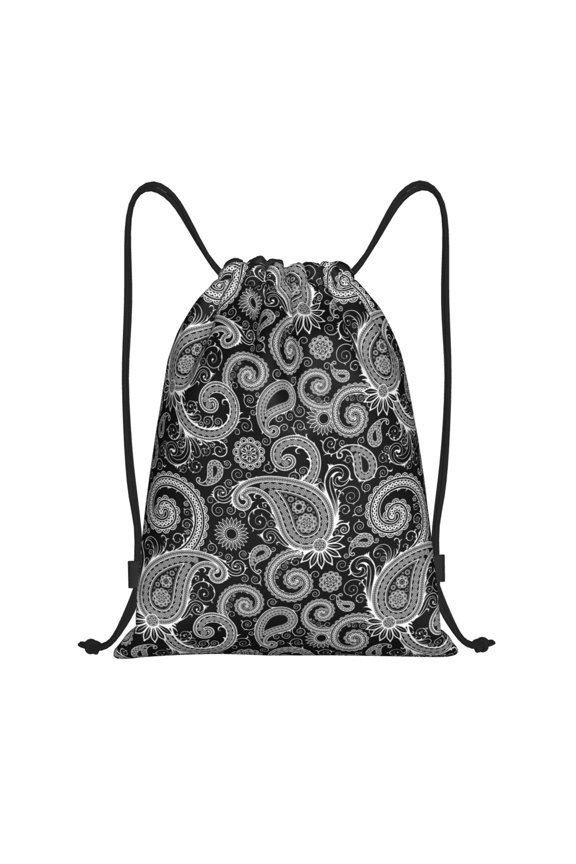 Drawstring Backpack - Black White Indian Paisley Splash Proof Small Drawstring Gym Bag for Women Men, Cinch Sports String Bag Backpack for Travel Swimming Beach
