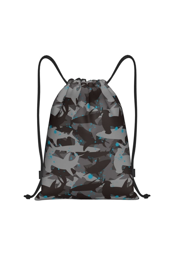 Drawstring Backpack - Black camouflage hammerhead shark Splash Proof Small Drawstring Gym Bag for Women Men, Cinch Sports String Bag Backpack for Travel Swimming Beach