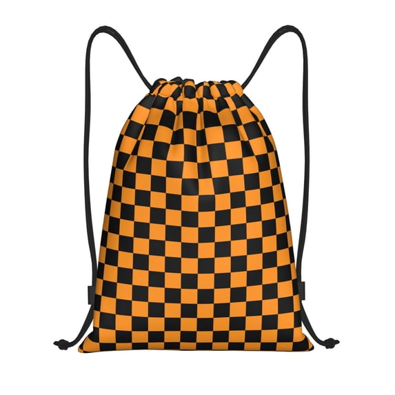 Drawstring Backpack - Black orange checkered Splash Proof Small Drawstring Gym Bag for Women Men, Cinch Sports String Bag Backpack for Travel Swimming Beach