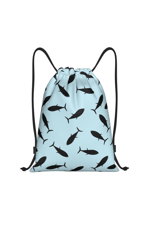 Drawstring Backpack - Black tuna fish Splash Proof Small Drawstring Gym Bag for Women Men, Cinch Sports String Bag Backpack for Travel Swimming Beach