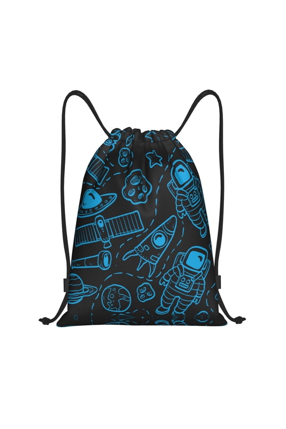 Drawstring Backpack - Blue Astronaut Space Doodles Splash Proof Small Drawstring Gym Bag for Women Men, Cinch Sports String Bag Backpack for Travel Swimming Beach