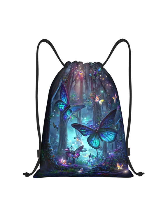 Drawstring Backpack - Blue Butterfly Forest Fantasy Splash Proof Small Drawstring Gym Bag for Women Men, Cinch Sports String Bag Backpack for Travel Swimming Beach