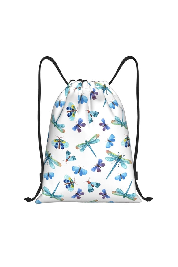 Drawstring Backpack - Blue Dragonfly Moth Butterfly Splash Proof Small Drawstring Gym Bag for Women Men, Cinch Sports String Bag Backpack for Travel Swimming Beach