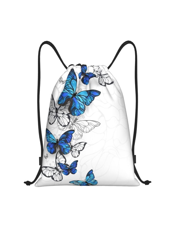 Drawstring Backpack - Blue Flying Butterflies Splash Proof Small Drawstring Gym Bag for Women Men, Cinch Sports String Bag Backpack for Travel Swimming Beach