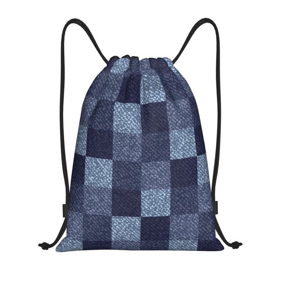 Drawstring Backpack - Blue Gingham Buffalo Check Splash Proof Small Drawstring Gym Bag for Women Men, Cinch Sports String Bag Backpack for Travel Swimming Beach