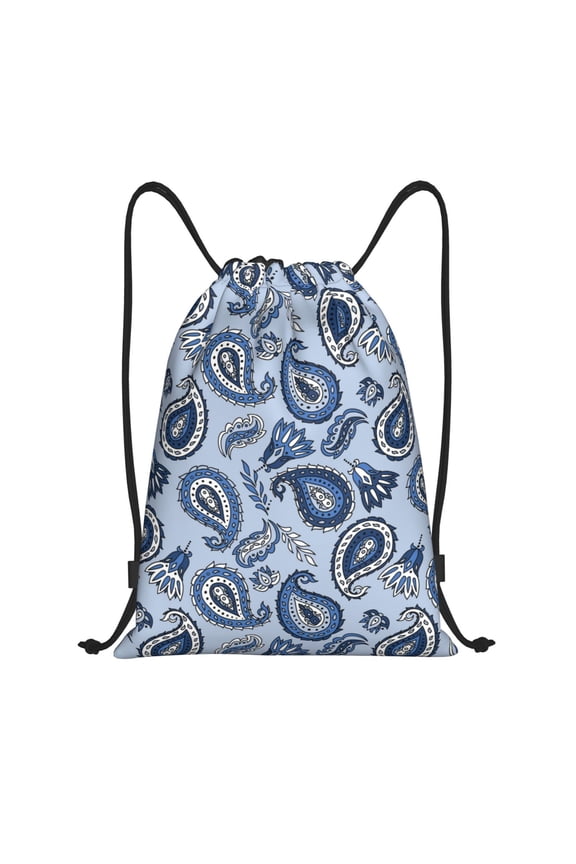 Drawstring Backpack - Blue Paisley Pattern Vintage Splash Proof Small Drawstring Gym Bag for Women Men, Cinch Sports String Bag Backpack for Travel Swimming Beach