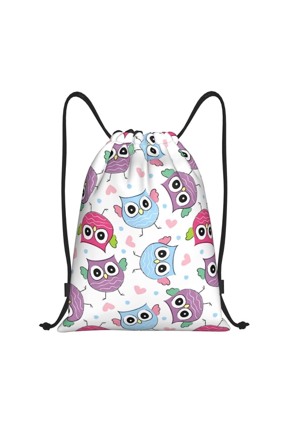 Drawstring Backpack - Blue Purple Pink Owl Splash Proof Small Drawstring Gym Bag for Women Men, Cinch Sports String Bag Backpack for Travel Swimming Beach