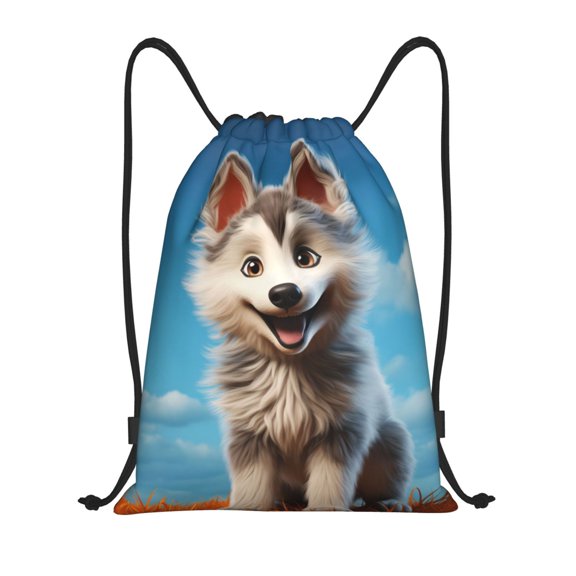 Drawstring Backpack - Blue Sky Cute Wolf Splash Proof Small Drawstring Gym Bag for Women Men, Cinch Sports String Bag Backpack for Travel Swimming Beach