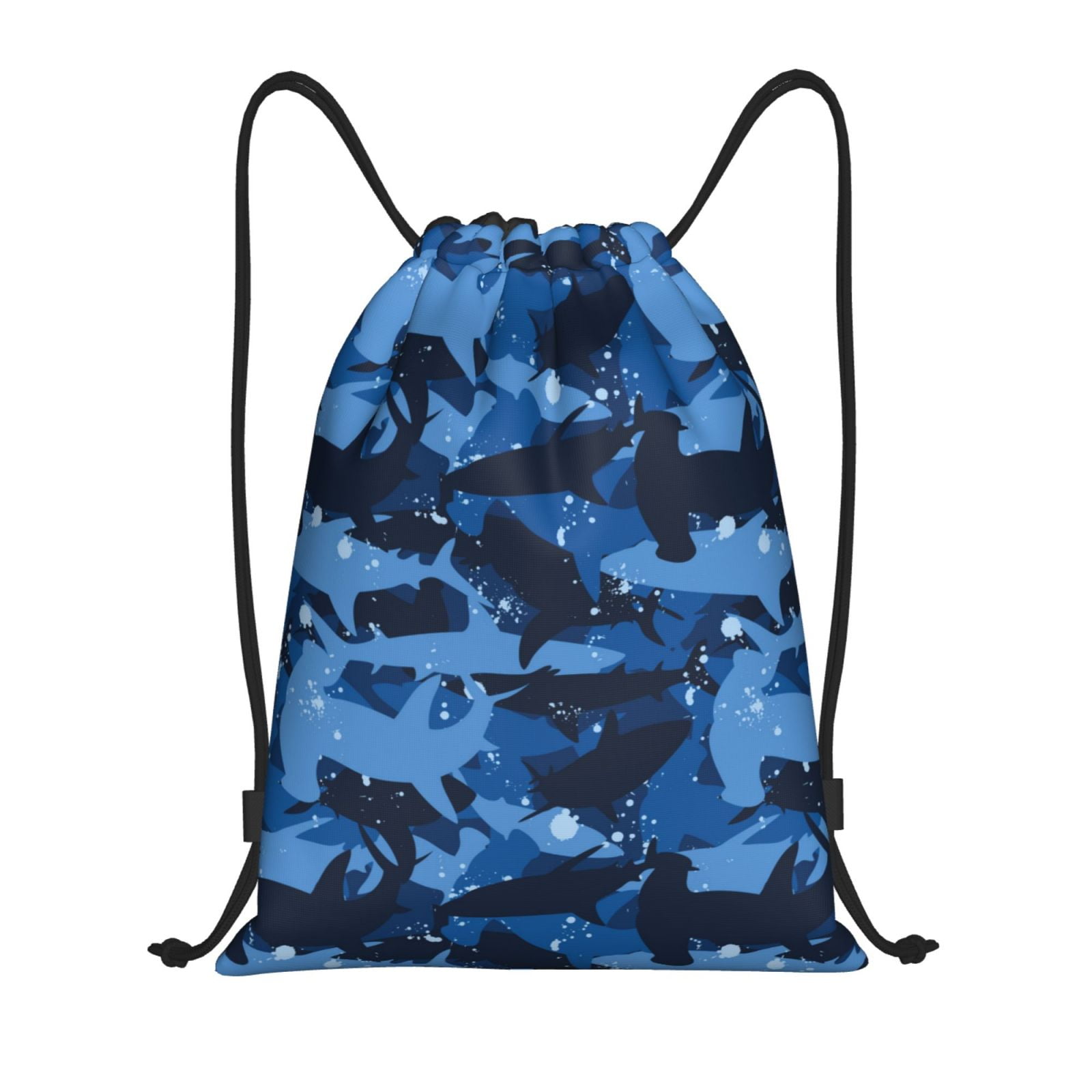 Drawstring Backpack, Blue camouflage hammerhead shark Light Waterproof