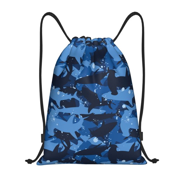 Drawstring Backpack, Blue camouflage hammerhead shark Light Waterproof