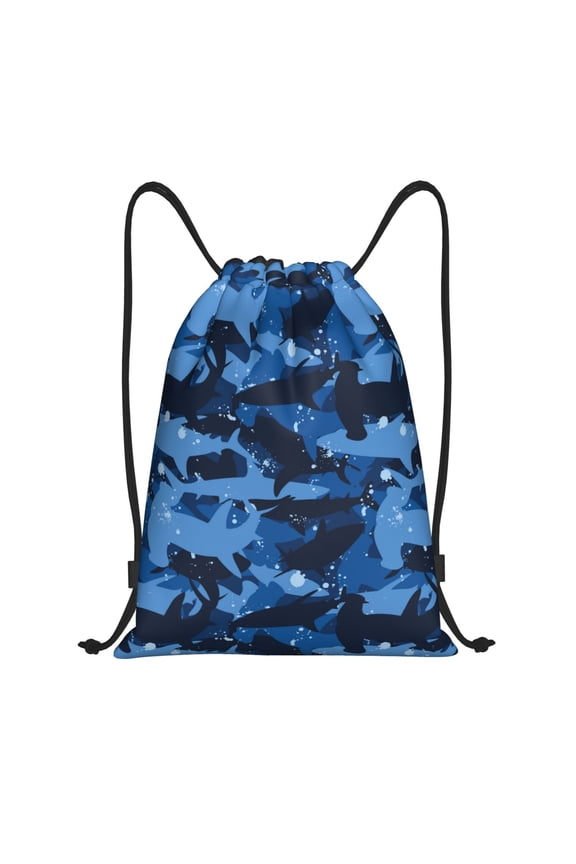 Drawstring Backpack - Blue camouflage hammerhead shark Splash Proof Small Drawstring Gym Bag for Women Men, Cinch Sports String Bag Backpack for Travel Swimming Beach