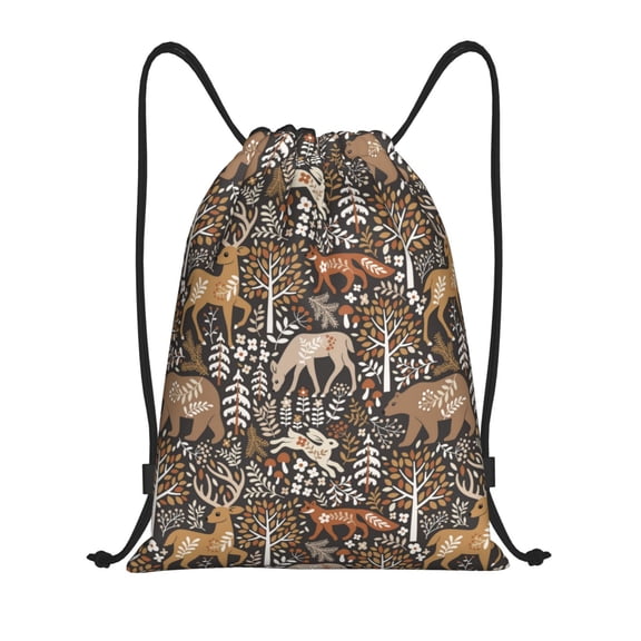 Drawstring Backpack - Bohemian Deer Bear Rabbit Tree Splash Proof Small Drawstring Gym Bag for Women Men, Cinch Sports String Bag Backpack for Travel Swimming Beach