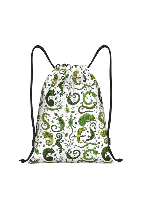 Drawstring Backpack - Bohemian Gecko Lizard Green Splash Proof Small Drawstring Gym Bag for Women Men, Cinch Sports String Bag Backpack for Travel Swimming Beach