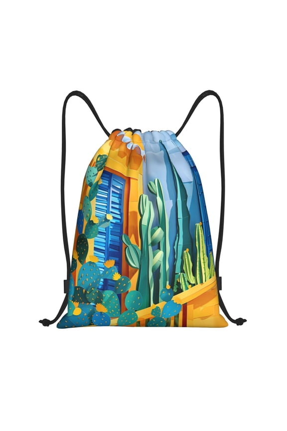 Drawstring Backpack - Bright Paper Cactus Scene Splash Proof Small Drawstring Gym Bag for Women Men, Cinch Sports String Bag Backpack for Travel Swimming Beach