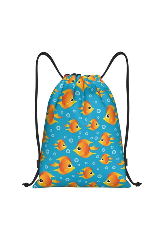 Drawstring Backpack - Bright golden cartoon fish Splash Proof Small Drawstring Gym Bag for Women Men, Cinch Sports String Bag Backpack for Travel Swimming Beach