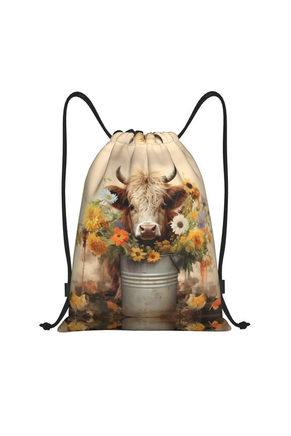 Drawstring Backpack - Bucket Flower Cow Splash Proof Small Drawstring Gym Bag for Women Men, Cinch Sports String Bag Backpack for Travel Swimming Beach