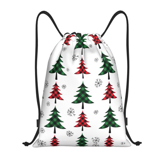 Drawstring Backpack - Buffalo Plaid Christmas Trees Splash Proof Small Drawstring Gym Bag for Women Men, Cinch Sports String Bag Backpack for Travel Swimming Beach