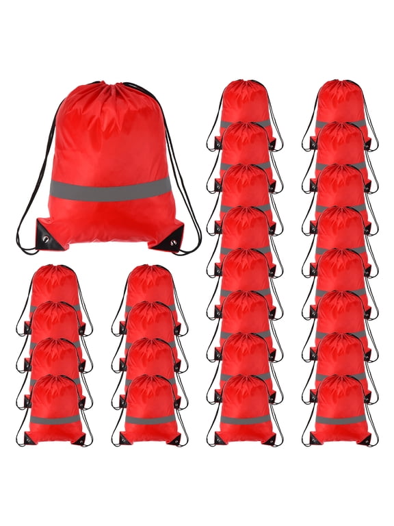 Drawstring Backpack Bulk Gym Draw String Bags Reflective Strips Cinch Sack, Red 25 Pack