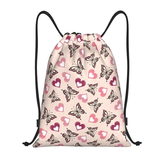 Drawstring Backpack - Butterflies and Hearts-E Splash Proof Small Drawstring Gym Bag for Women Men, Cinch Sports String Bag Backpack for Travel Swimming Beach