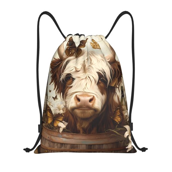 Drawstring Backpack - Butterfly Cow Barrel Splash Proof Small Drawstring Gym Bag for Women Men, Cinch Sports String Bag Backpack for Travel Swimming Beach