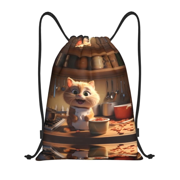 Drawstring Backpack - Cartoon Cooking Cat Splash Proof Small Drawstring Gym Bag for Women Men, Cinch Sports String Bag Backpack for Travel Swimming Beach