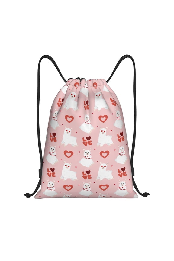 Drawstring Backpack - Cartoon Cute Alpacas Love Pink Splash Proof Small Drawstring Gym Bag for Women Men, Cinch Sports String Bag Backpack for Travel Swimming Beach