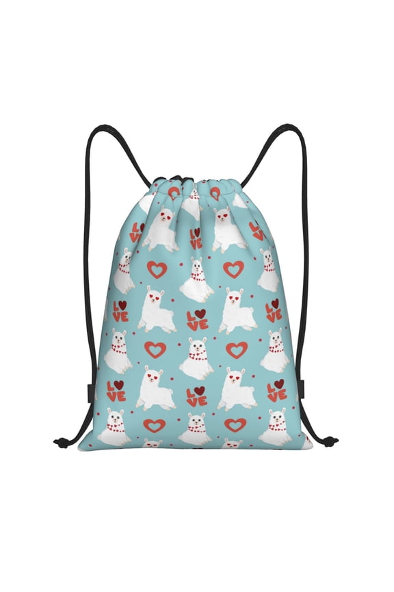 Drawstring Backpack - Cartoon Cute Alpacas Love Splash Proof Small Drawstring Gym Bag for Women Men, Cinch Sports String Bag Backpack for Travel Swimming Beach
