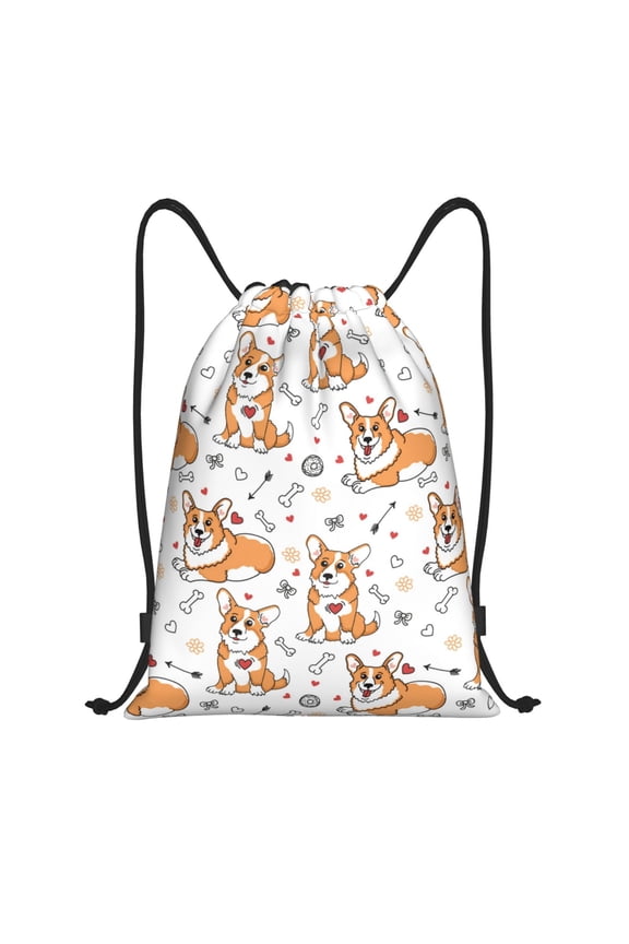 Drawstring Backpack - Cartoon Cute Corgi Dog Love Splash Proof Small Drawstring Gym Bag for Women Men, Cinch Sports String Bag Backpack for Travel Swimming Beach