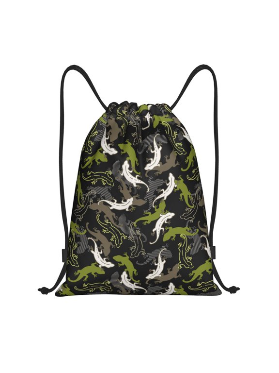Drawstring Backpack - Cartoon Cute Lizard Gecko Green Splash Proof Small Drawstring Gym Bag for Women Men, Cinch Sports String Bag Backpack for Travel Swimming Beach