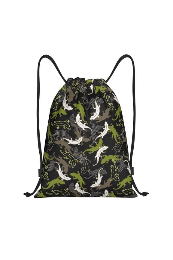 Drawstring Backpack - Cartoon Cute Lizard Gecko Green Splash Proof Small Drawstring Gym Bag for Women Men, Cinch Sports String Bag Backpack for Travel Swimming Beach