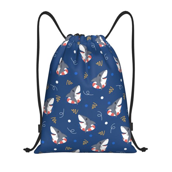 Drawstring Backpack - Cartoon Cute Shark Swim Ring Splash Proof Small Drawstring Gym Bag for Women Men, Cinch Sports String Bag Backpack for Travel Swimming Beach