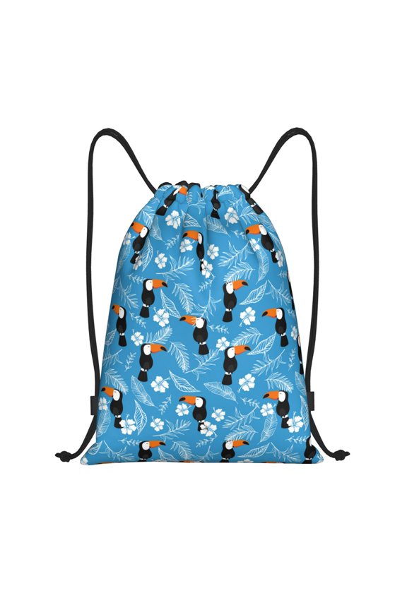 Drawstring Backpack - Cartoon Cute Toucan Leaves Blue Splash Proof Small Drawstring Gym Bag for Women Men, Cinch Sports String Bag Backpack for Travel Swimming Beach