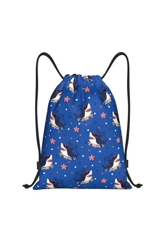 Drawstring Backpack - Cartoon Happy Glasses Cute Shark Splash Proof Small Drawstring Gym Bag for Women Men, Cinch Sports String Bag Backpack for Travel Swimming Beach