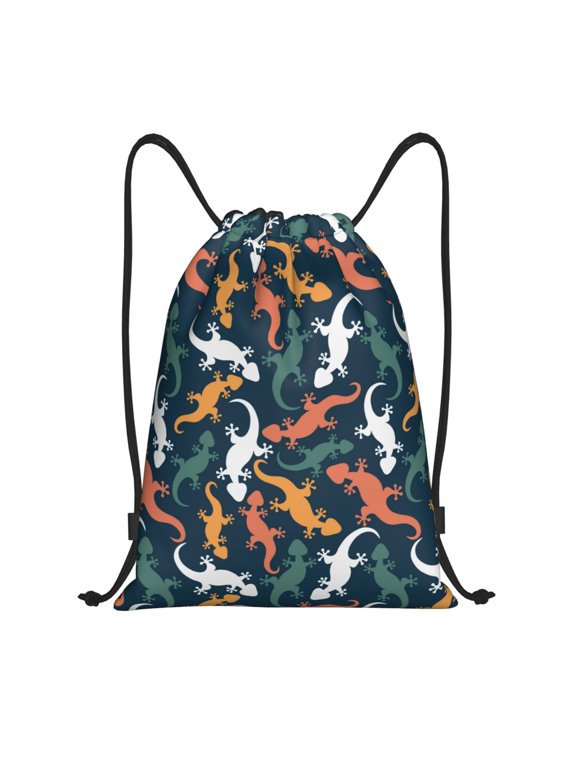Drawstring Backpack - Cartoon Lizard Gecko Multicolor Splash Proof Small Drawstring Gym Bag for Women Men, Cinch Sports String Bag Backpack for Travel Swimming Beach