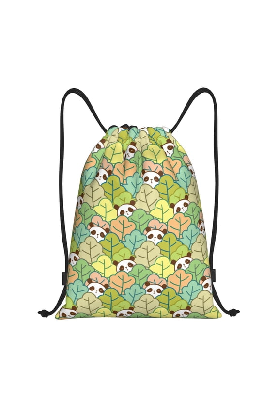 Drawstring Backpack - Cartoon Panda And Leaf Splash Proof Small Drawstring Gym Bag for Women Men, Cinch Sports String Bag Backpack for Travel Swimming Beach
