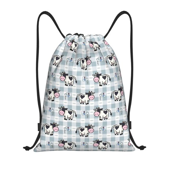 Drawstring Backpack - Cartoon Plaid Cute Cow Milk Splash Proof Small Drawstring Gym Bag for Women Men, Cinch Sports String Bag Backpack for Travel Swimming Beach