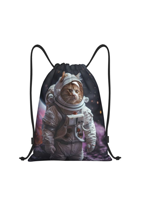 Drawstring Backpack - Cat Astronaut In Space Splash Proof Small Drawstring Gym Bag for Women Men, Cinch Sports String Bag Backpack for Travel Swimming Beach