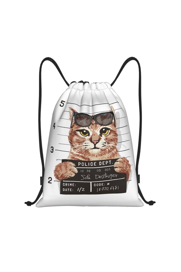 Drawstring Backpack - Cat Holding Mugshot Sign Splash Proof Small Drawstring Gym Bag for Women Men, Cinch Sports String Bag Backpack for Travel Swimming Beach