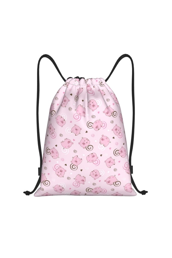 Drawstring Backpack - Charming Cartoon Pink Cute Pig Splash Proof Small Drawstring Gym Bag for Women Men, Cinch Sports String Bag Backpack for Travel Swimming Beach