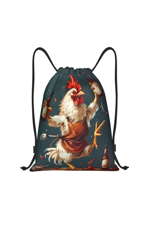 Drawstring Backpack - Chef Chicken With Beer Bottles Splash Proof Small Drawstring Gym Bag for Women Men, Cinch Sports String Bag Backpack for Travel Swimming Beach