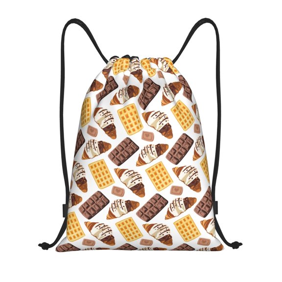 Drawstring Backpack - Chocolate Bread Waffle Print Splash Proof Small Drawstring Gym Bag for Women Men, Cinch Sports String Bag Backpack for Travel Swimming Beach
