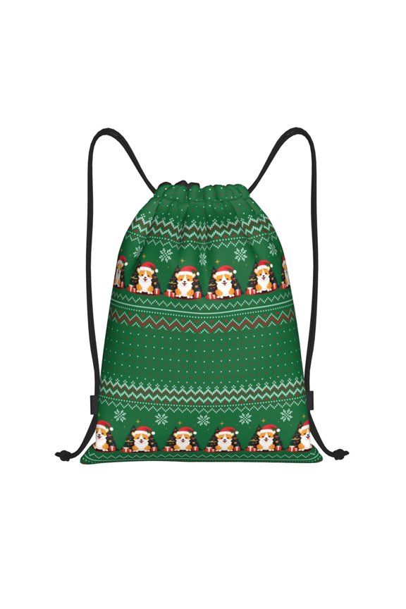 Drawstring Backpack - Christmas Corgis Splash Proof Small Drawstring Gym Bag for Women Men, Cinch Sports String Bag Backpack for Travel Swimming Beach