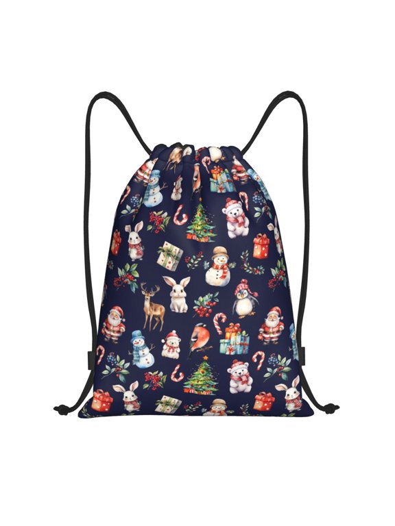 Drawstring Backpack - Christmas Critters Delight Splash Proof Small Drawstring Gym Bag for Women Men, Cinch Sports String Bag Backpack for Travel Swimming Beach
