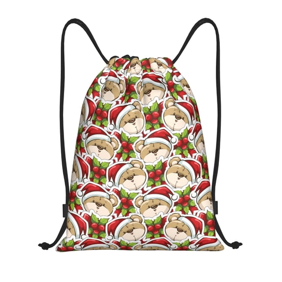 Drawstring Backpack - Christmas Hat bear Splash Proof Small Drawstring Gym Bag for Women Men, Cinch Sports String Bag Backpack for Travel Swimming Beach