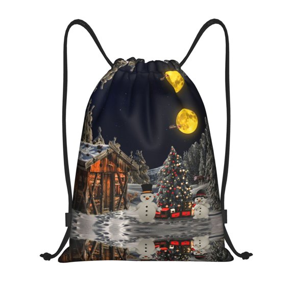 Drawstring Backpack - Christmas Landscape Winter Mood Splash Proof Small Drawstring Gym Bag for Women Men, Cinch Sports String Bag Backpack for Travel Swimming Beach